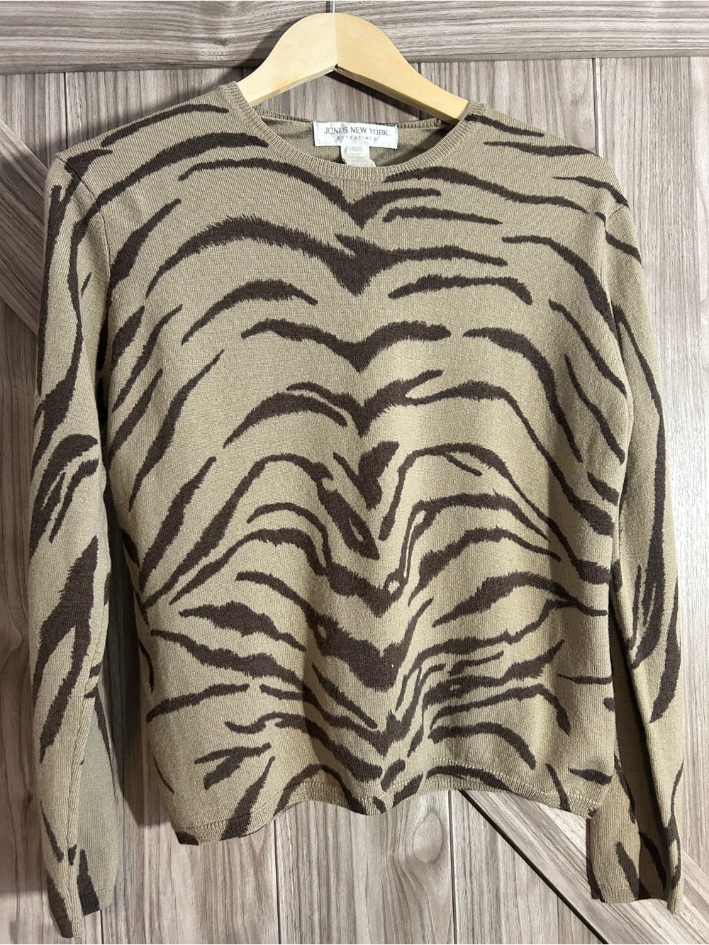 Jones New York Essentials 100% Merino Wool Zebra Tiger Cardigan Sweater L